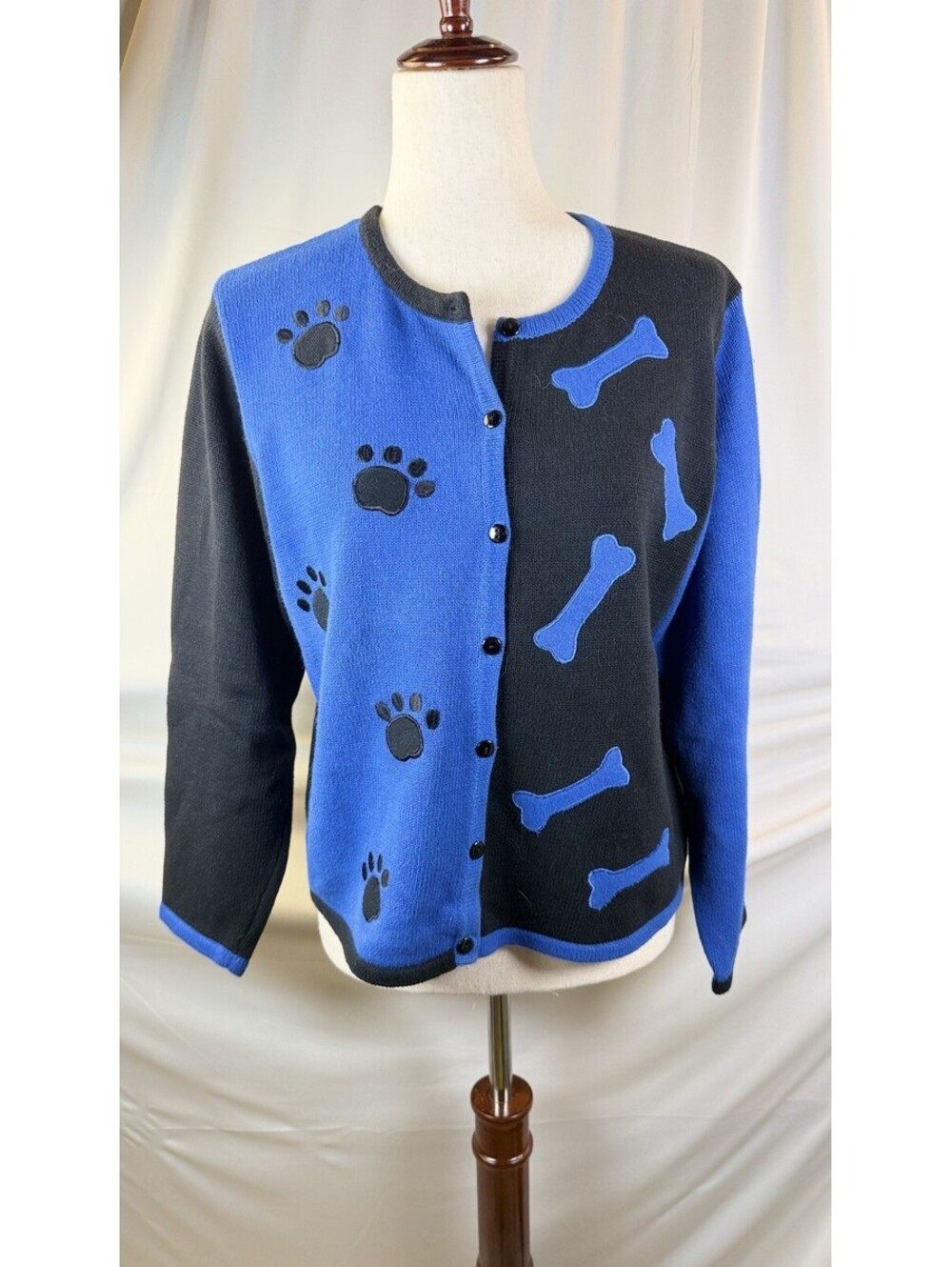 Vintage Marisa Christina Women's M Dog Paw Print Bone Cardigan Vet Puppy Teacher